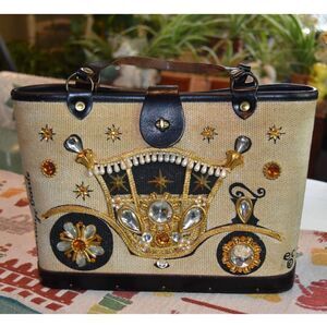 Vintage Enid Collins Carriage Trade Jeweled Burlap Handbag Purse 1966